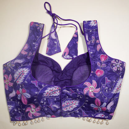 Deep Violet Embellished Paisley Print Saree Blouse