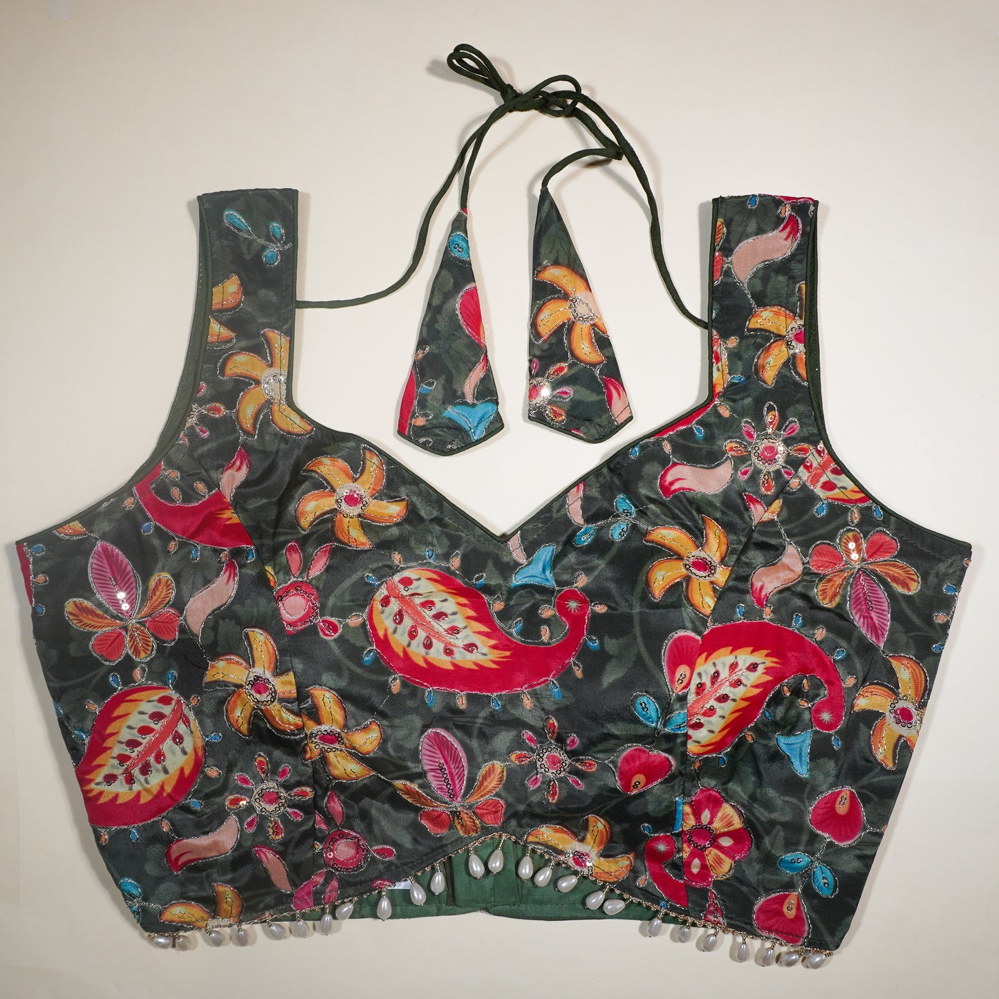 Deep Green V-Neck Paisley Print Readymade Blouse