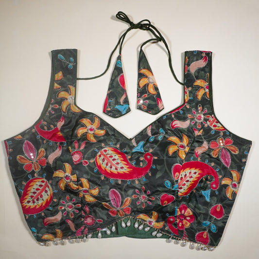 Deep Green V-Neck Paisley Print Readymade Blouse