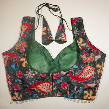 Deep Green V-Neck Paisley Print Readymade Blouse