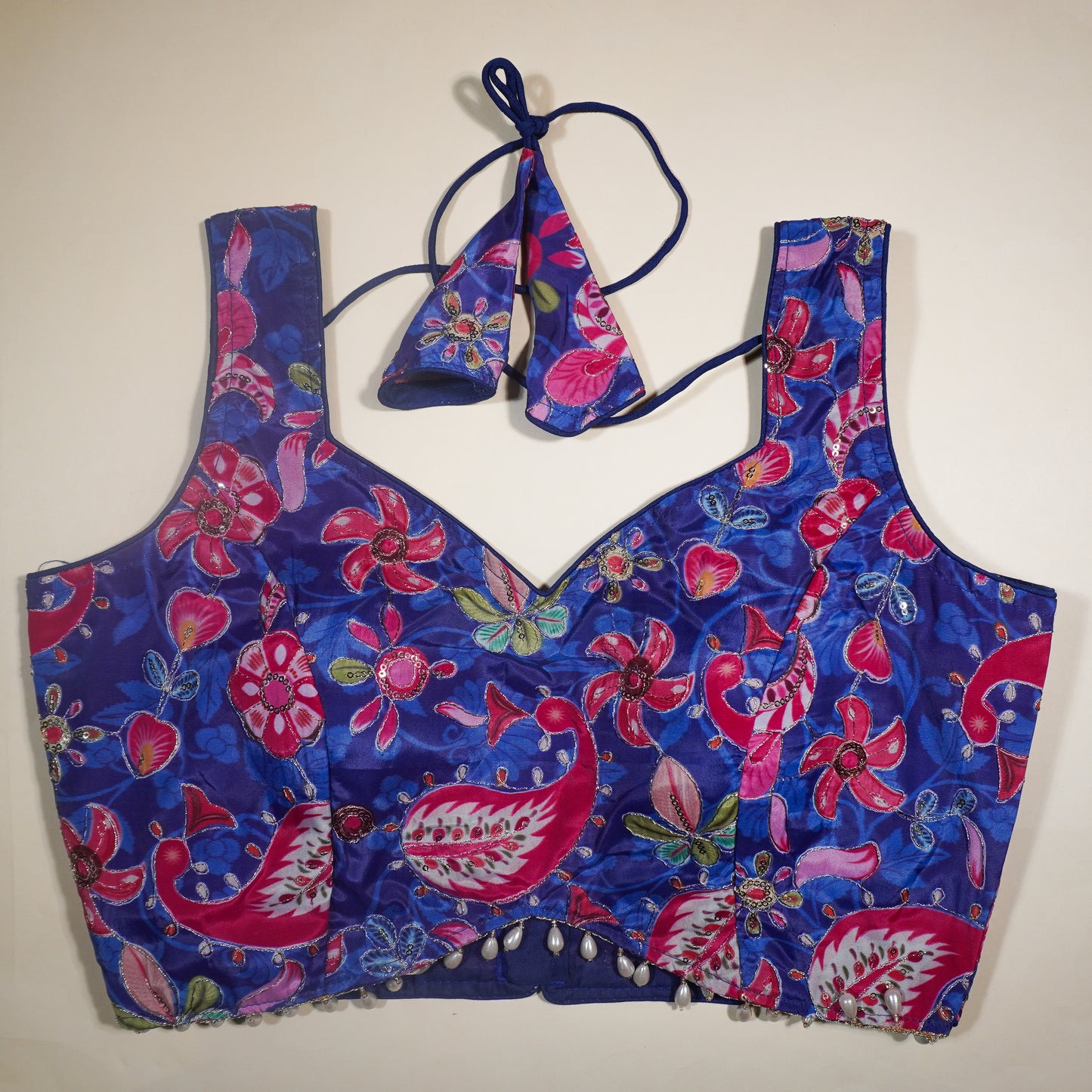 Royal Blue Sequined Print Blouse with Pearl Drop