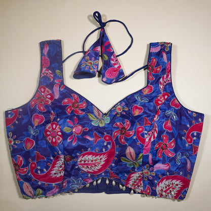 Royal Blue Sequined Print Blouse with Pearl Drop