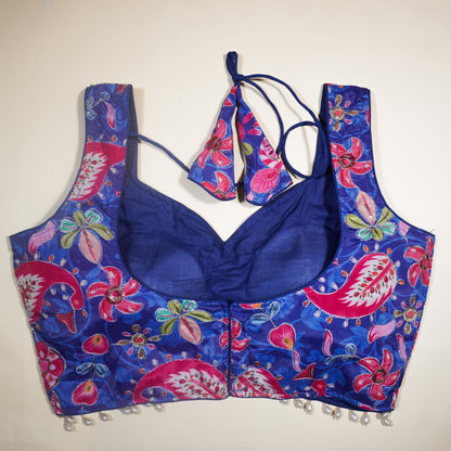 Royal Blue Sequined Print Blouse with Pearl Drop