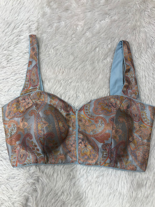 Lt Grey Floral Paisley Sleeveless Saree Blouse