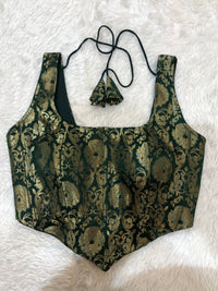 Dark Green Jacquard Crop Blouse with Dori Details