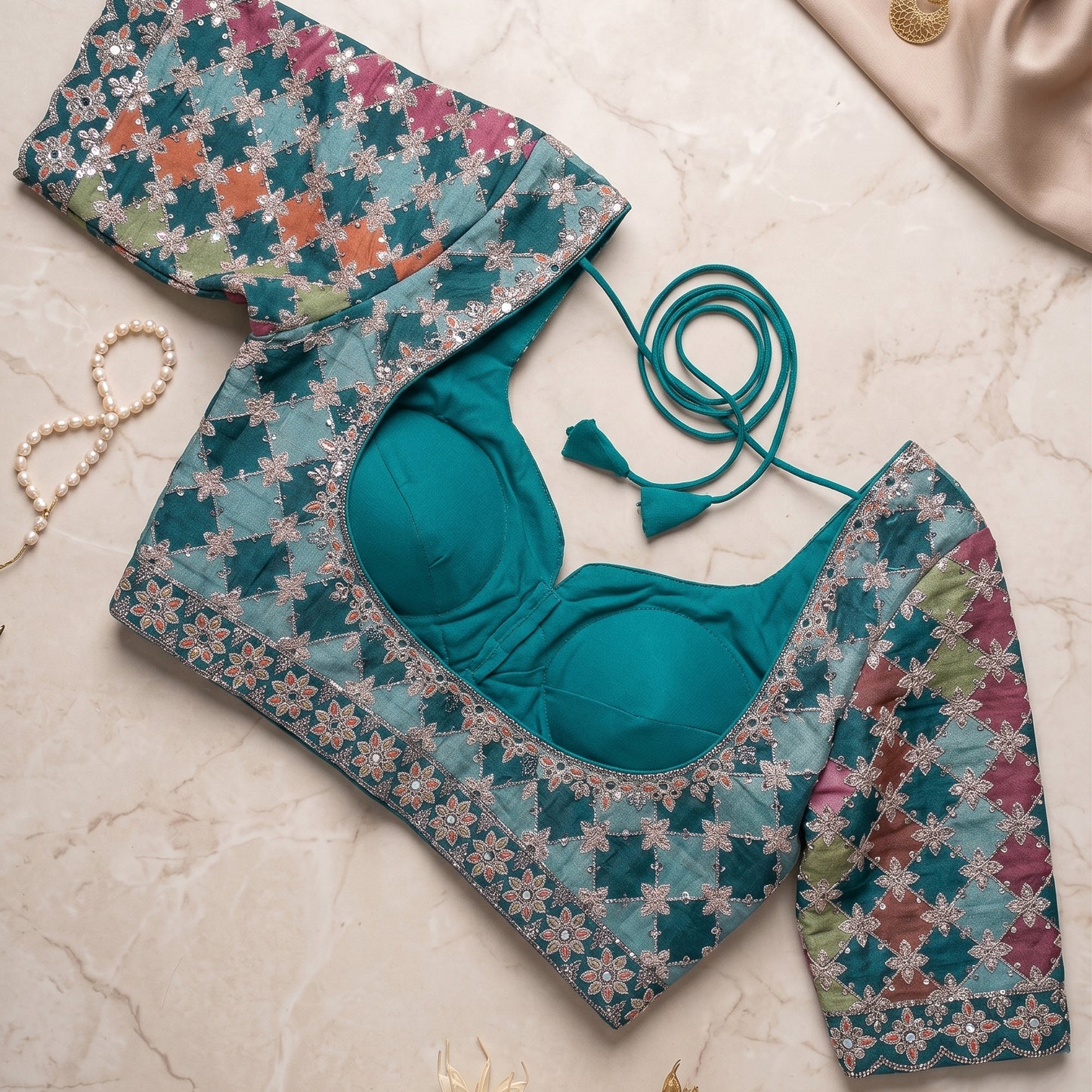Rama Patchwork Embroidered Blouse with Floral Border