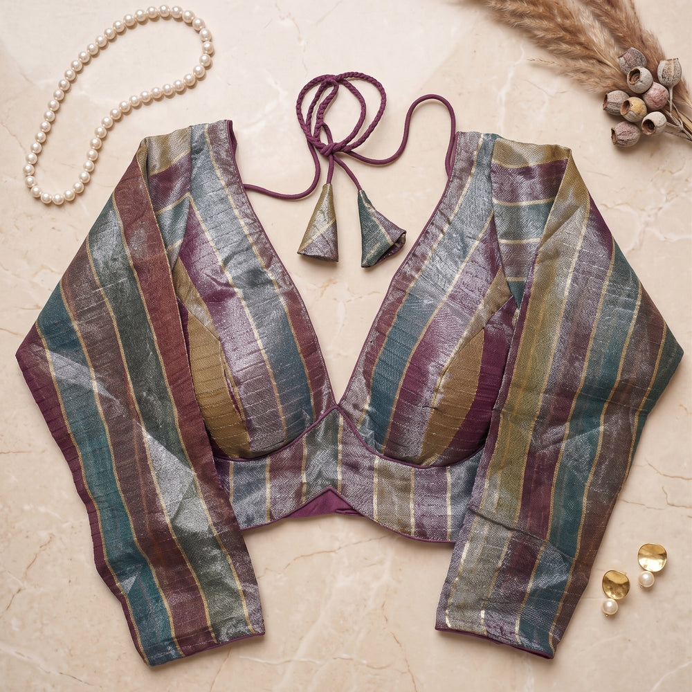 Mauve Purple Metallic Striped Deep V-Neck Blouse