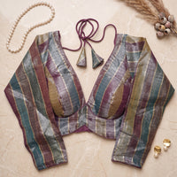 Mauve Purple Metallic Striped Deep V-Neck Blouse