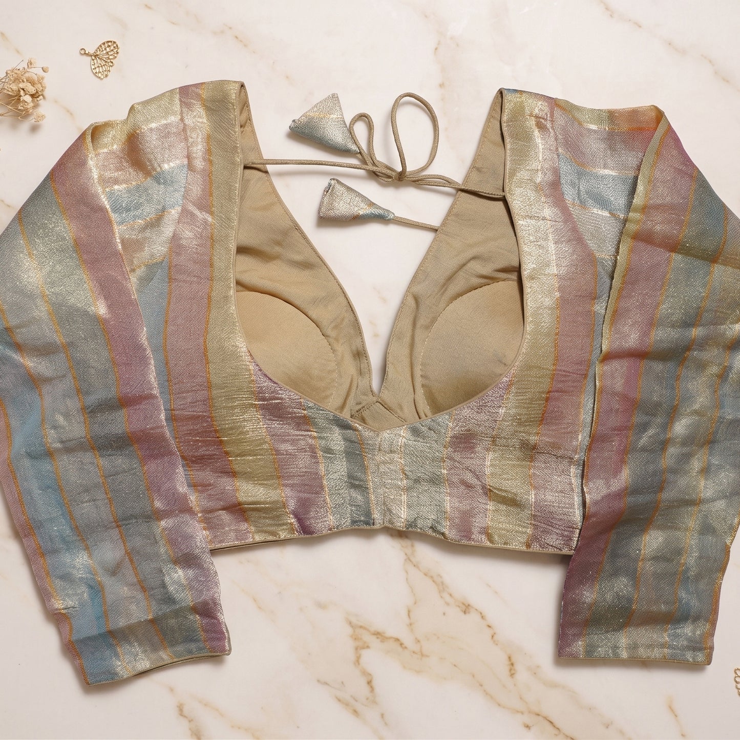 Champagne Beige Metallic Striped Deep V-Neck Blouse