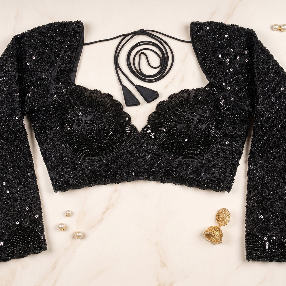 Black Pastel Embroidered Blouse with Premium Glass Bead Detailing