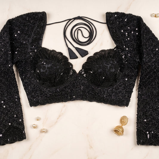 Black Pastel Embroidered Blouse with Premium Glass Bead Detailing