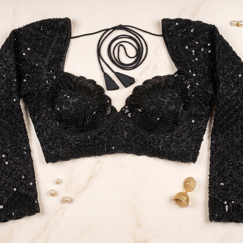 Black Pastel Embroidered Blouse with Premium Glass Bead Detailing