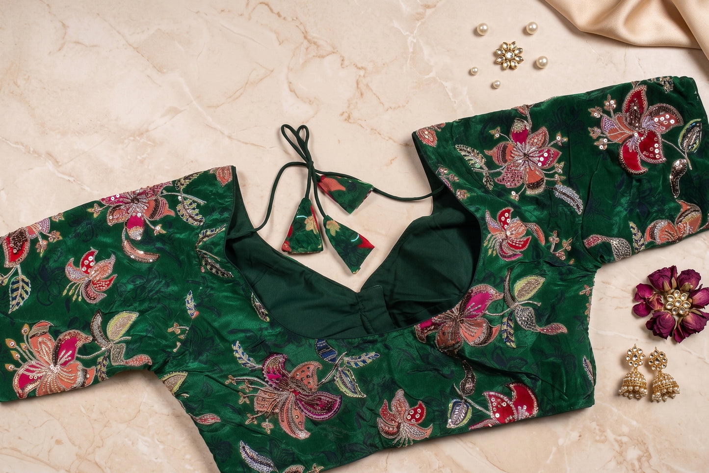 Green Velvet Heavy Embroidered Festive Blouse
