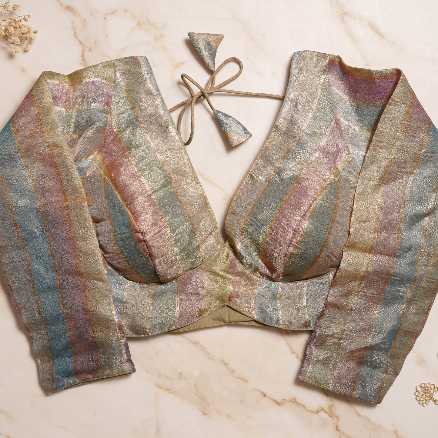 Champagne Beige Metallic Striped Deep V-Neck Blouse