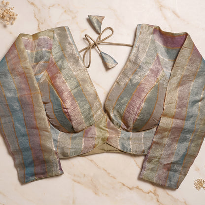 Champagne Beige Metallic Striped Deep V-Neck Blouse