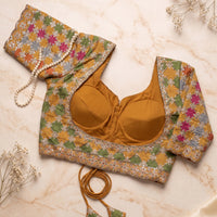 Mustard Ochre Geometric Patchwork Blouse with Dori Tie-Back