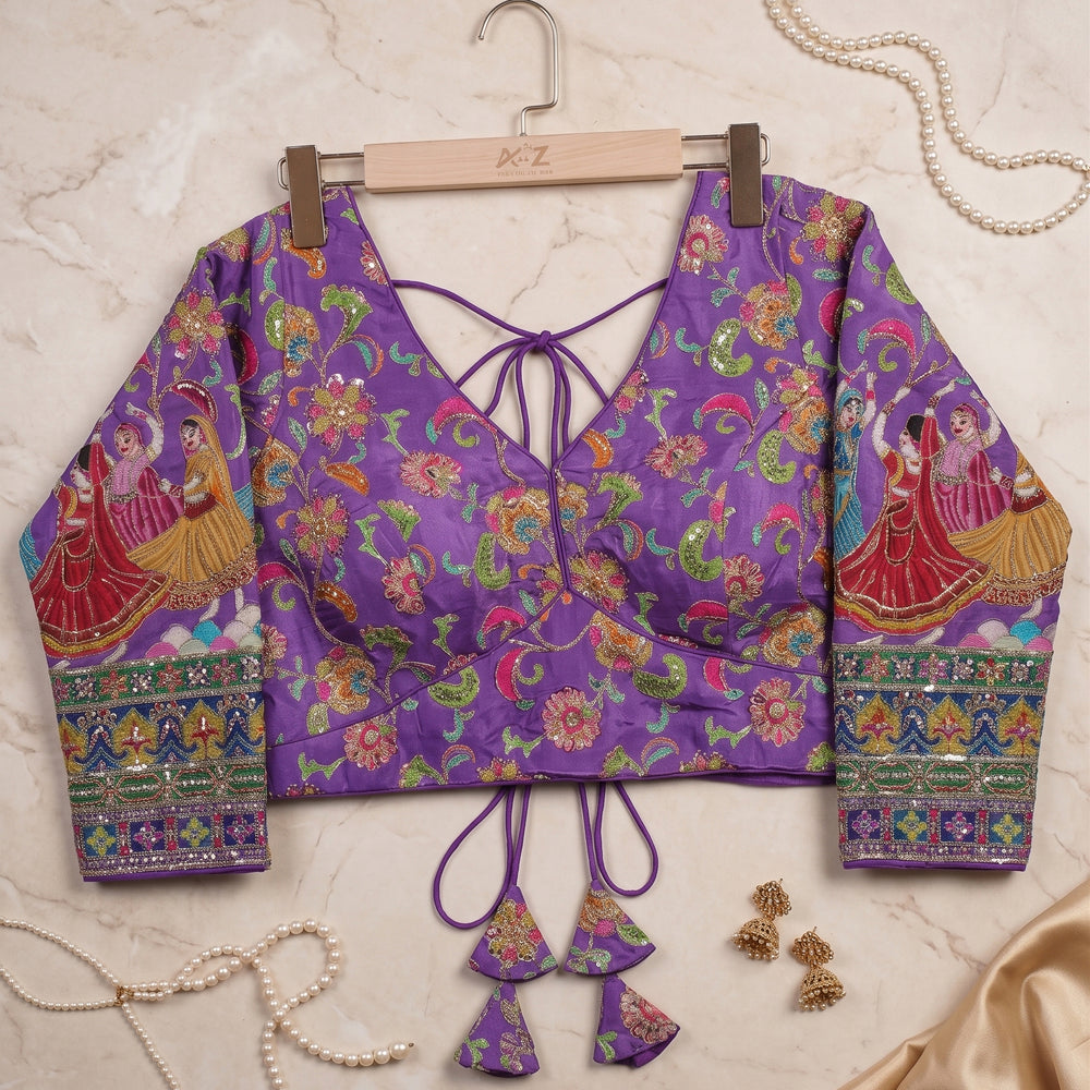 Purple Silk Blouse with Hand-Embroidered Dandiya Dancer Sleeves & Zardosi Work