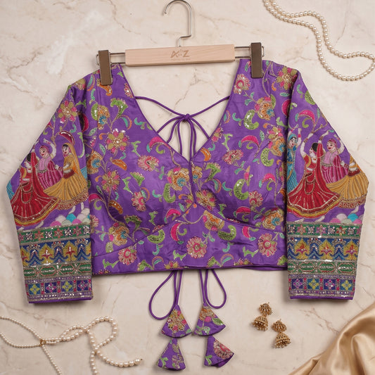 Purple Silk Blouse with Hand-Embroidered Dandiya Dancer Sleeves & Zardosi Work