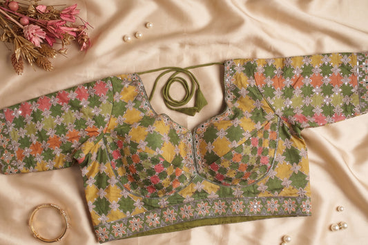 Green and Mustard Patchwork Embroidered Blouse