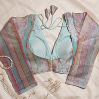 Ice Blue Rainbow Zari Handcrafted Blouse with Dori Tassels