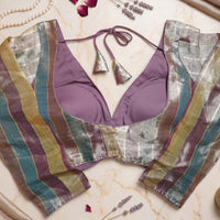 Mauve Purple Metallic Striped Deep V-Neck Blouse