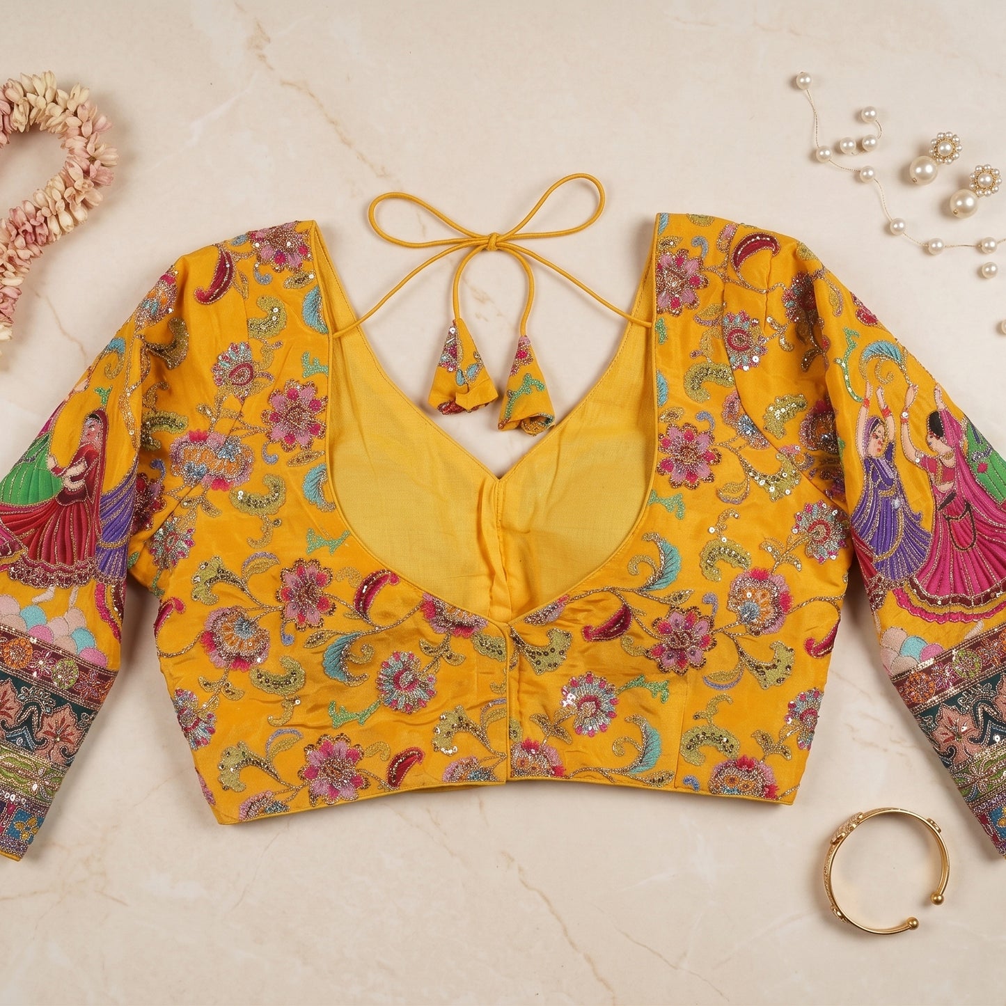 Mustard Yellow Silk Saree Blouse with Traditional Garba Dancer Embroidered Sleeves