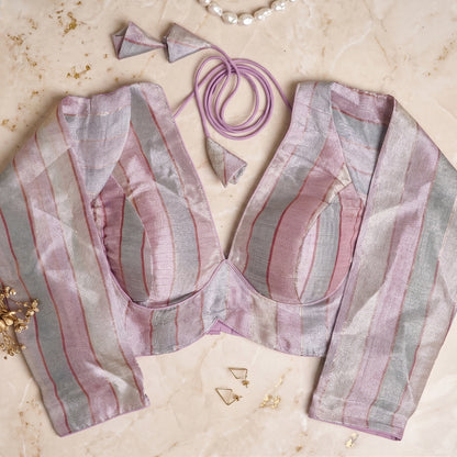 Dusty Rose Rainbow Zari Handcrafted Blouse with Dori Tassels