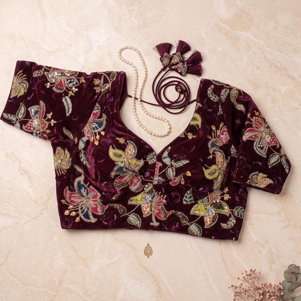BloodRed Velvet Floral Zardozi Embroidered Blouse