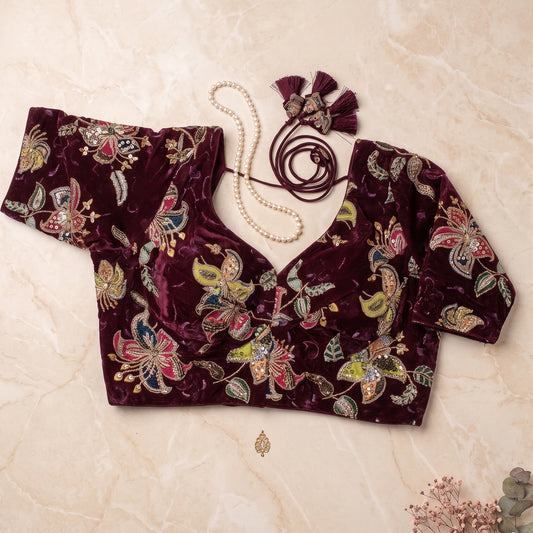 BloodRed Velvet Floral Zardozi Embroidered Blouse