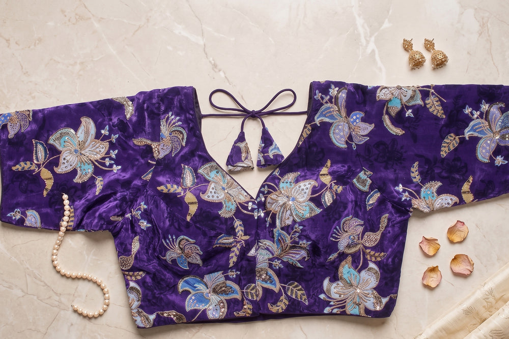 Purple Velvet Floral Sequin Work Blouse