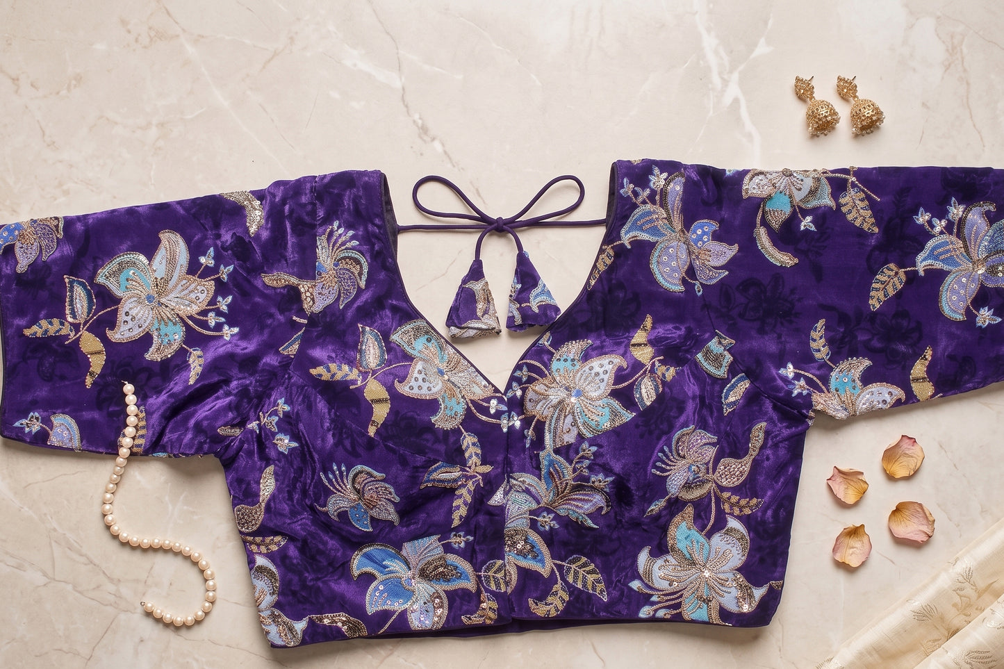 Purple Velvet Floral Sequin Work Blouse