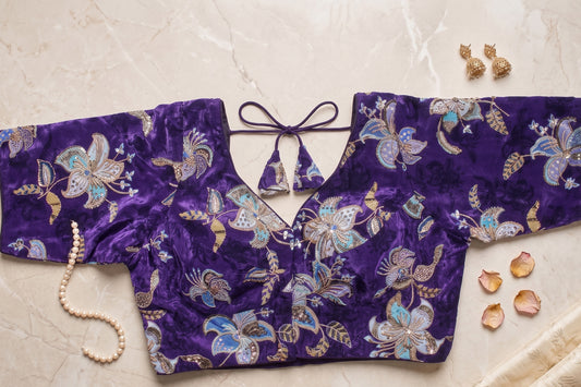 Purple Velvet Floral Sequin Work Blouse