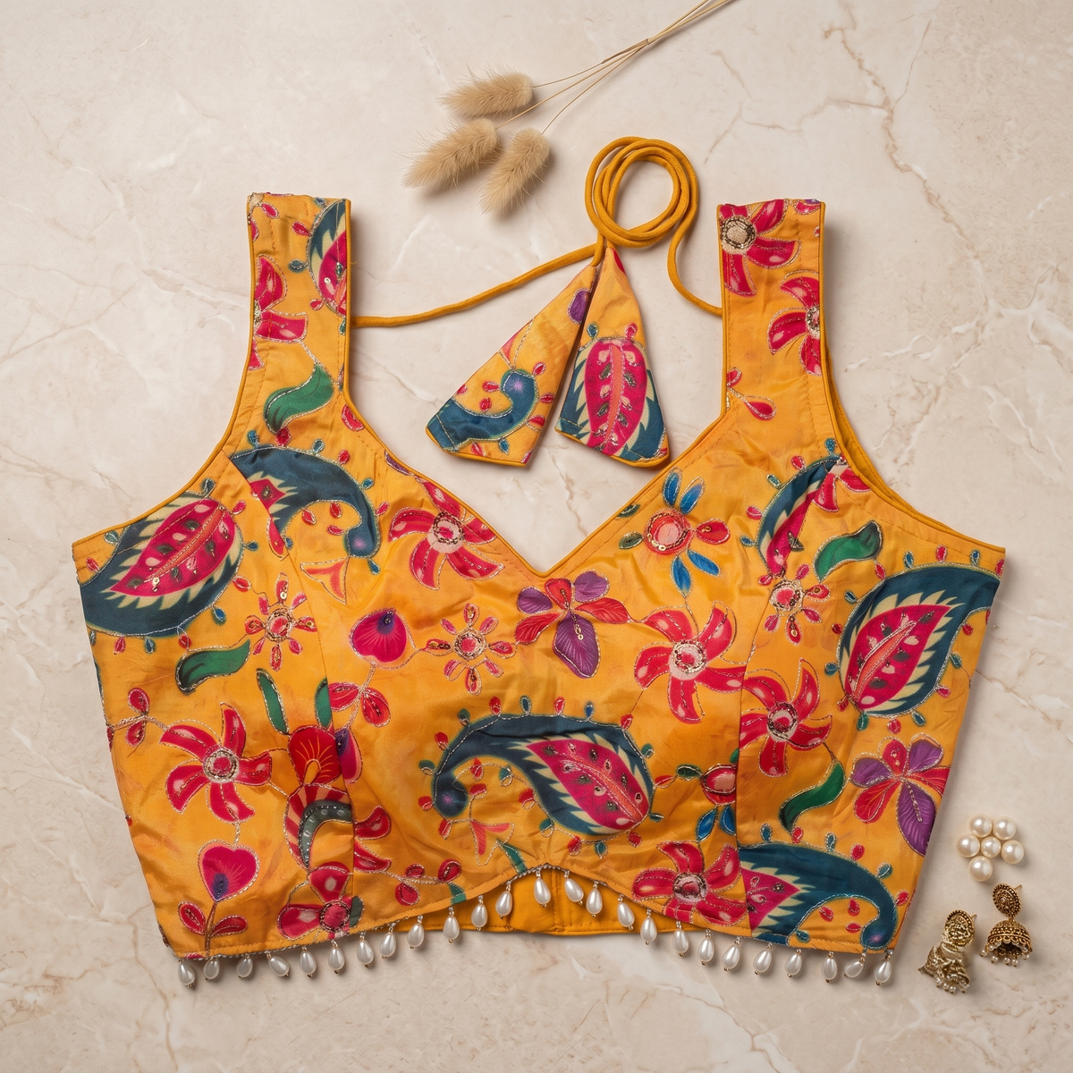 Mustard Yellow Vibrant Floral Print Blouse with Pearl Detailing