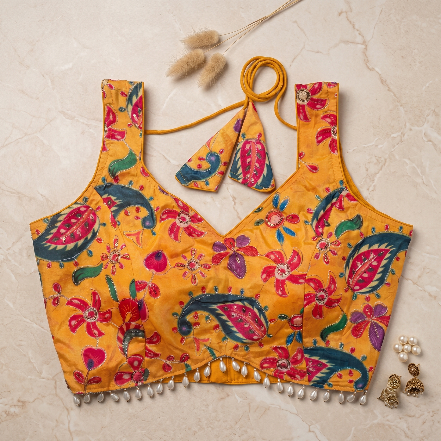 Mustard Yellow Vibrant Floral Print Blouse with Pearl Detailing