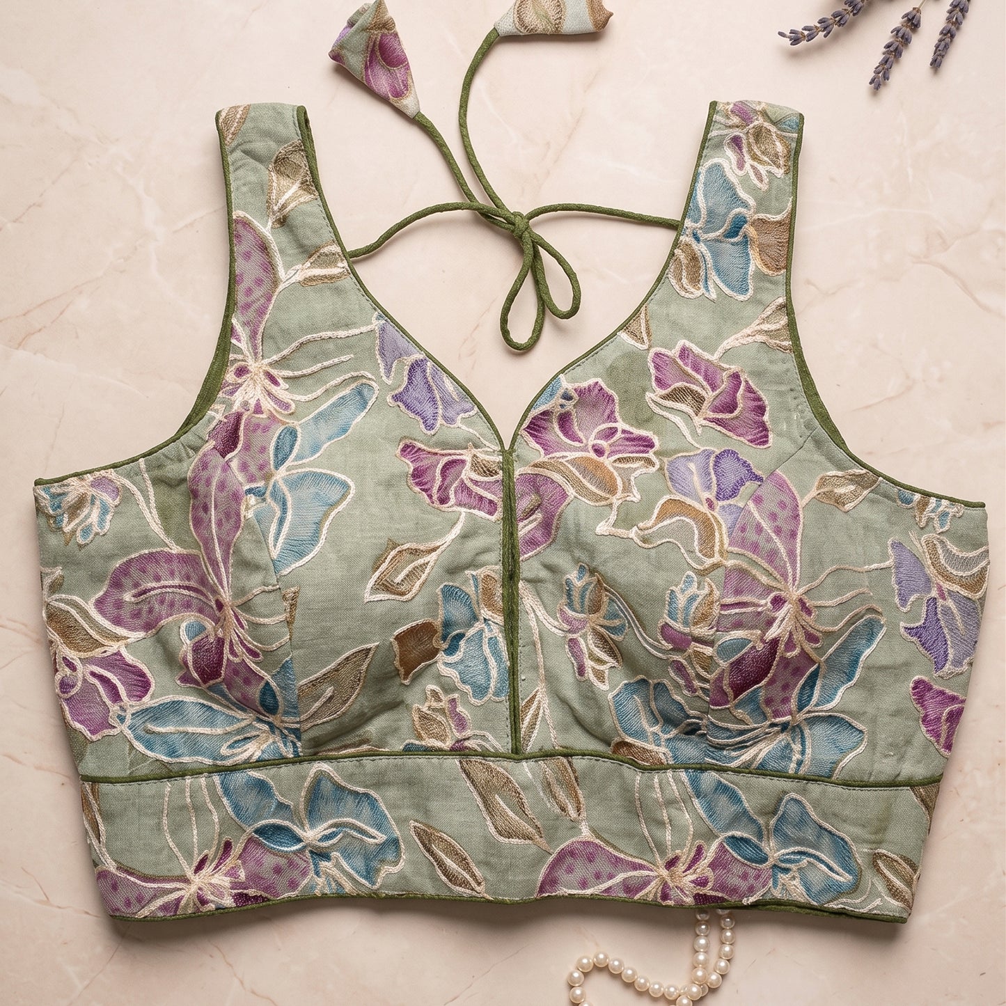 Olive Green Floral Embroidered Sweetheart Blouse