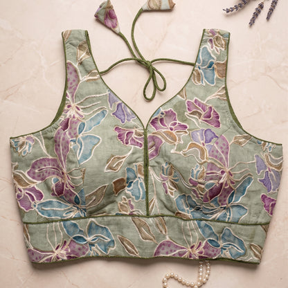Olive Green Floral Embroidered Sweetheart Blouse