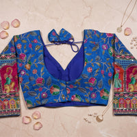 Royal Blue Silk Saree Blouse with Intricate Traditional Royal Figure Sleeves
