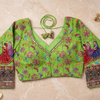 Lime Green Silk Blouse with Hand-Crafted Traditional Dancer Border & Zardosi Work