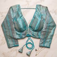 Turquoise Metallic Striped Deep V-Neck Blouse