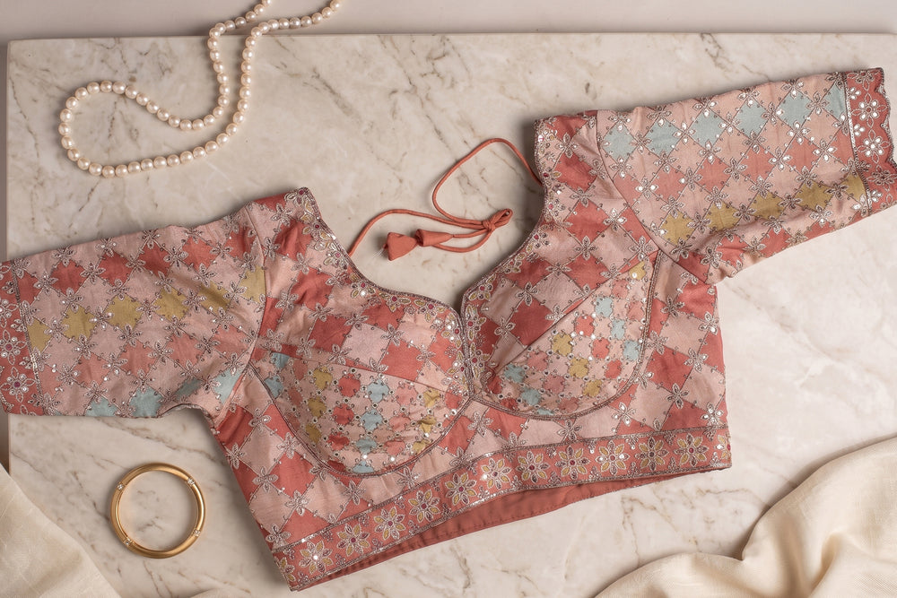Peach Patchwork Sequined Blouse with Sweetheart Neck