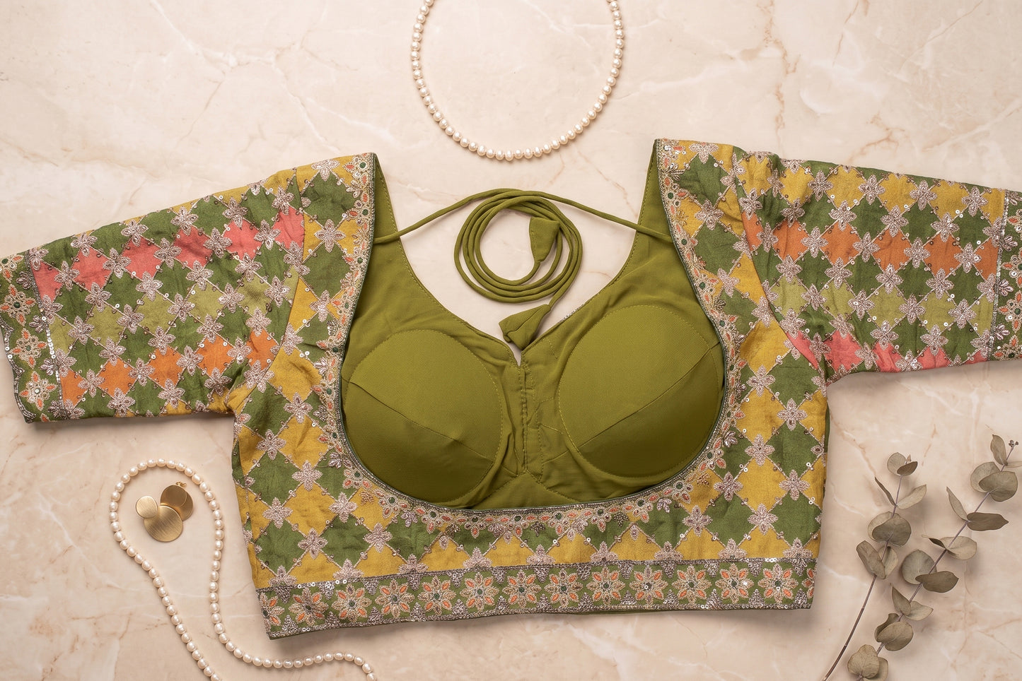 Green and Mustard Patchwork Embroidered Blouse