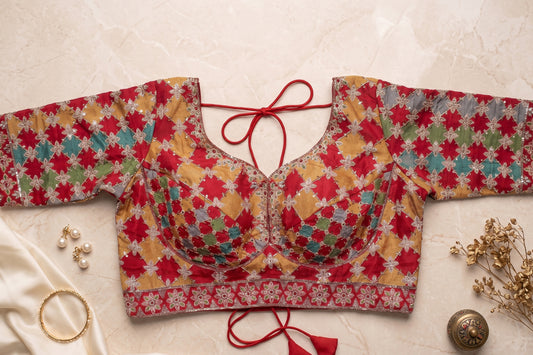 Red Patchwork Floral Sequin Blouse