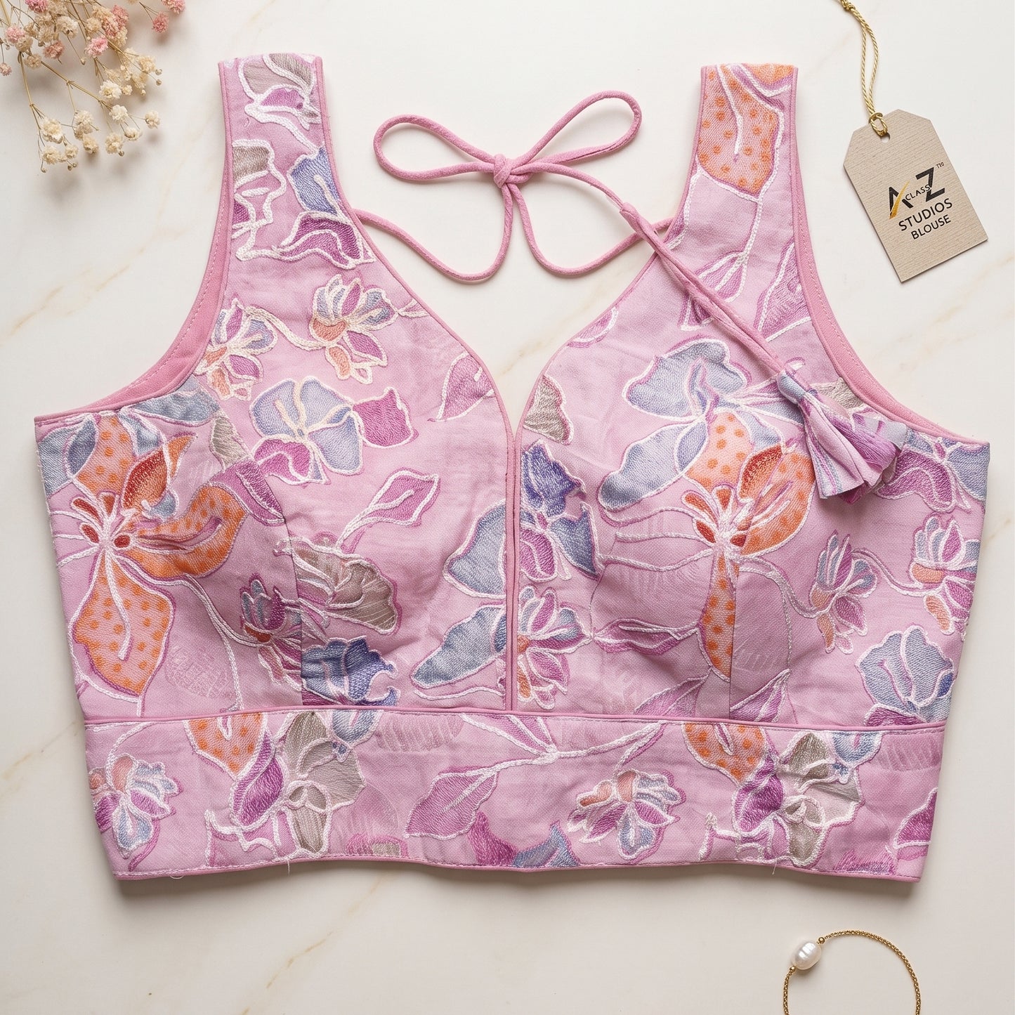 Lilac Pink Floral Embroidered Sweetheart Blouse