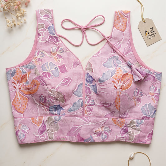Lilac Pink Floral Embroidered Sweetheart Blouse
