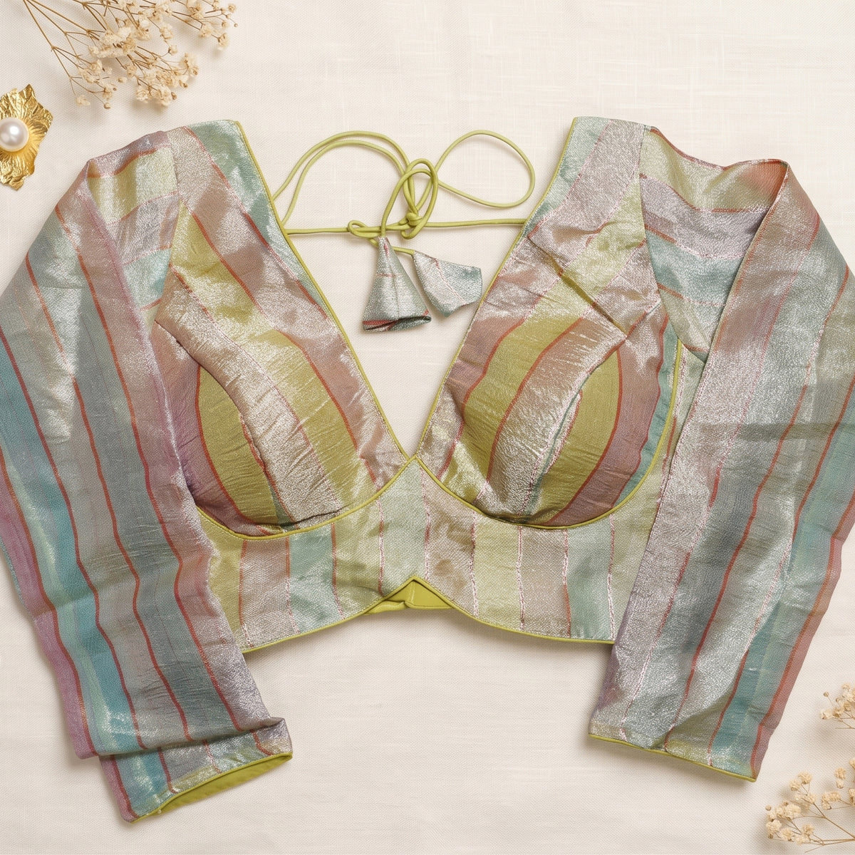 Multi-Color Metallic Striped Deep V-Neck Blouse