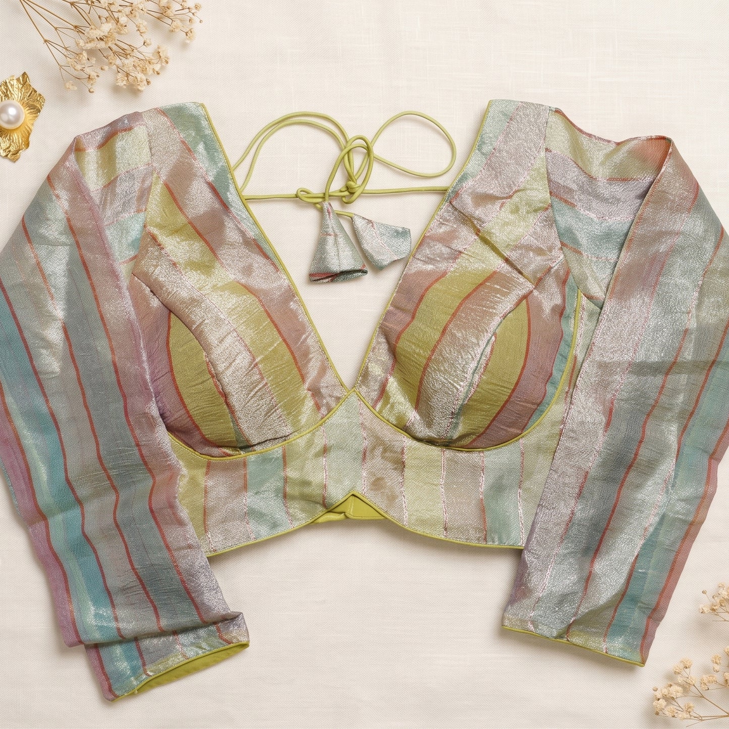 Multi-Color Metallic Striped Deep V-Neck Blouse