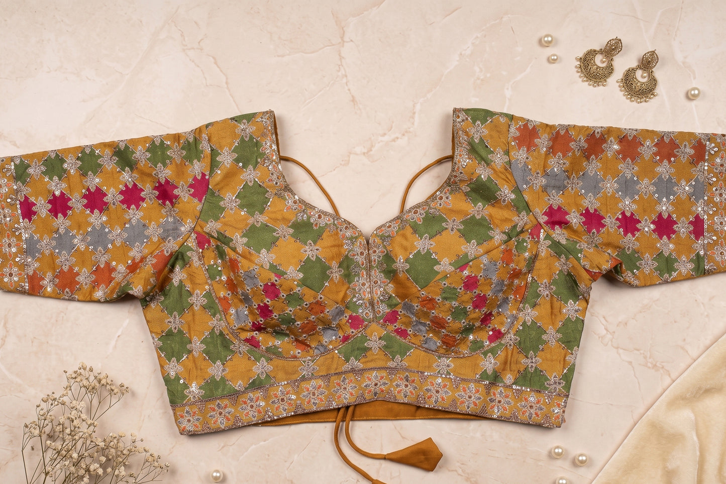 Mustard Ochre Geometric Patchwork Blouse with Dori Tie-Back