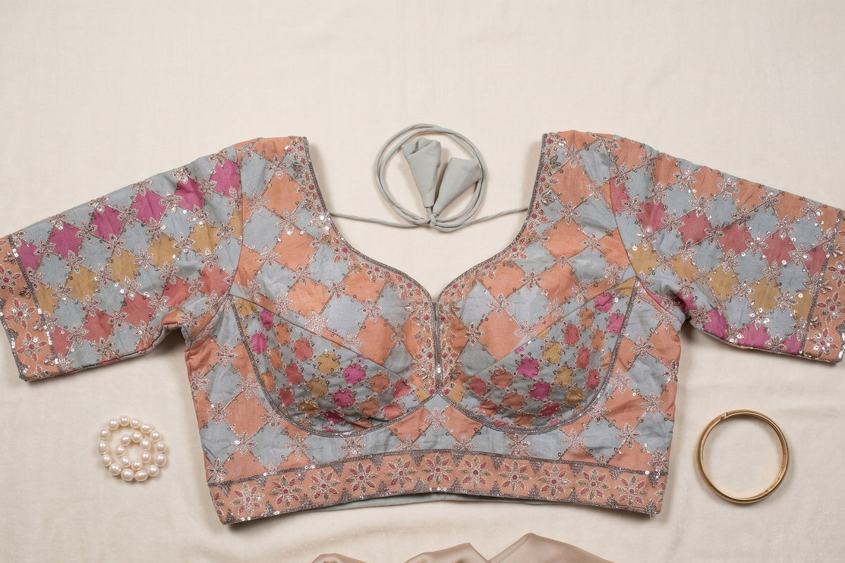Grey and Peach Patchwork Zari Grid Blouse