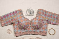 Grey and Peach Patchwork Zari Grid Blouse