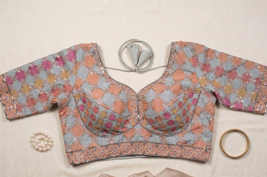 Grey and Peach Patchwork Zari Grid Blouse